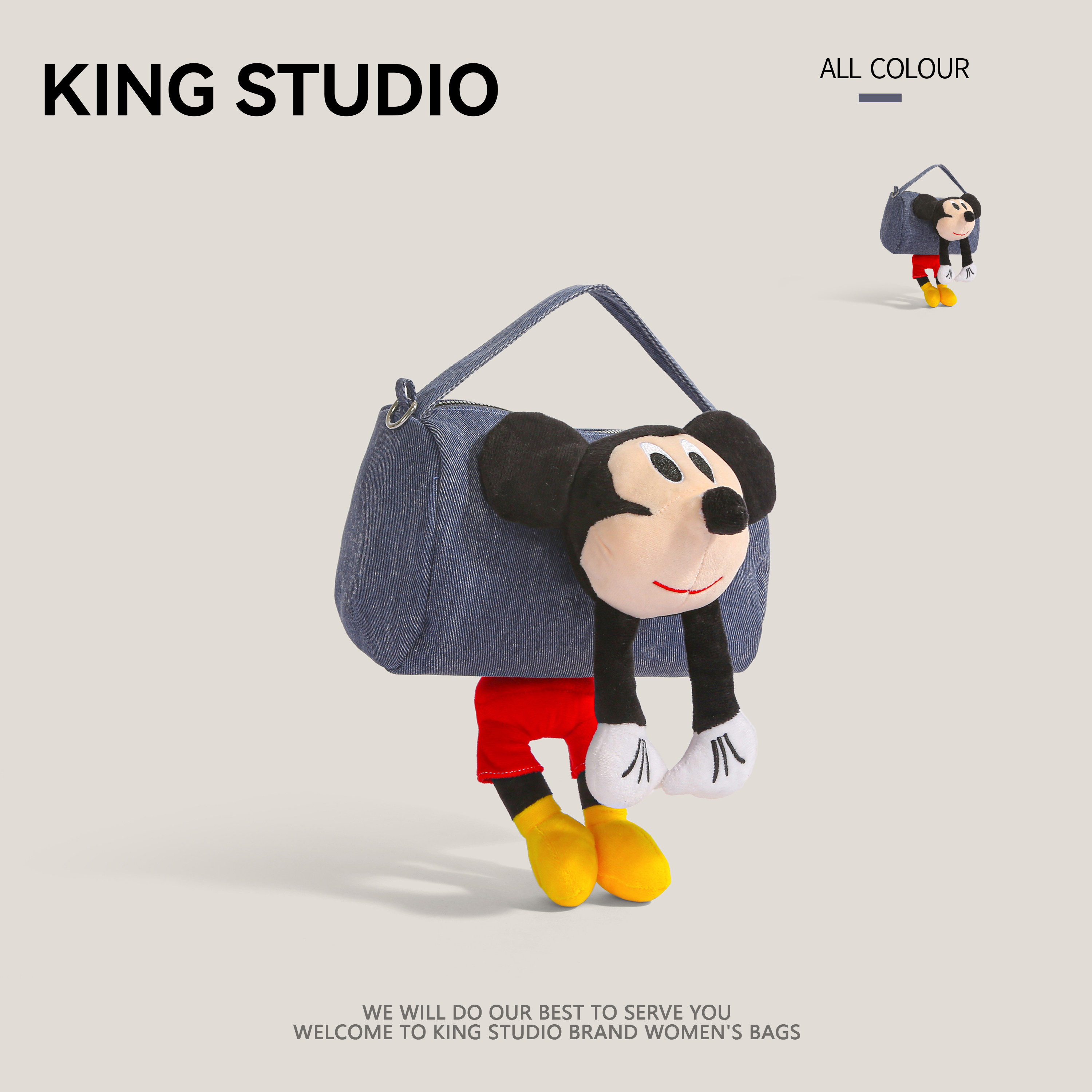 可爱卡通米奇牛仔帆布包女2025新款时尚链条手提包百搭单肩斜挎包