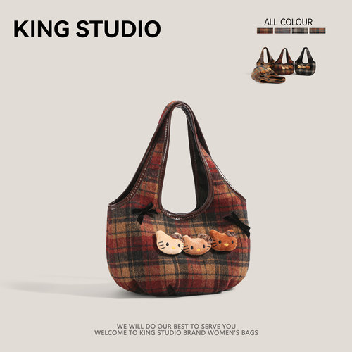 超火小众呢子包女格子手提小拎包