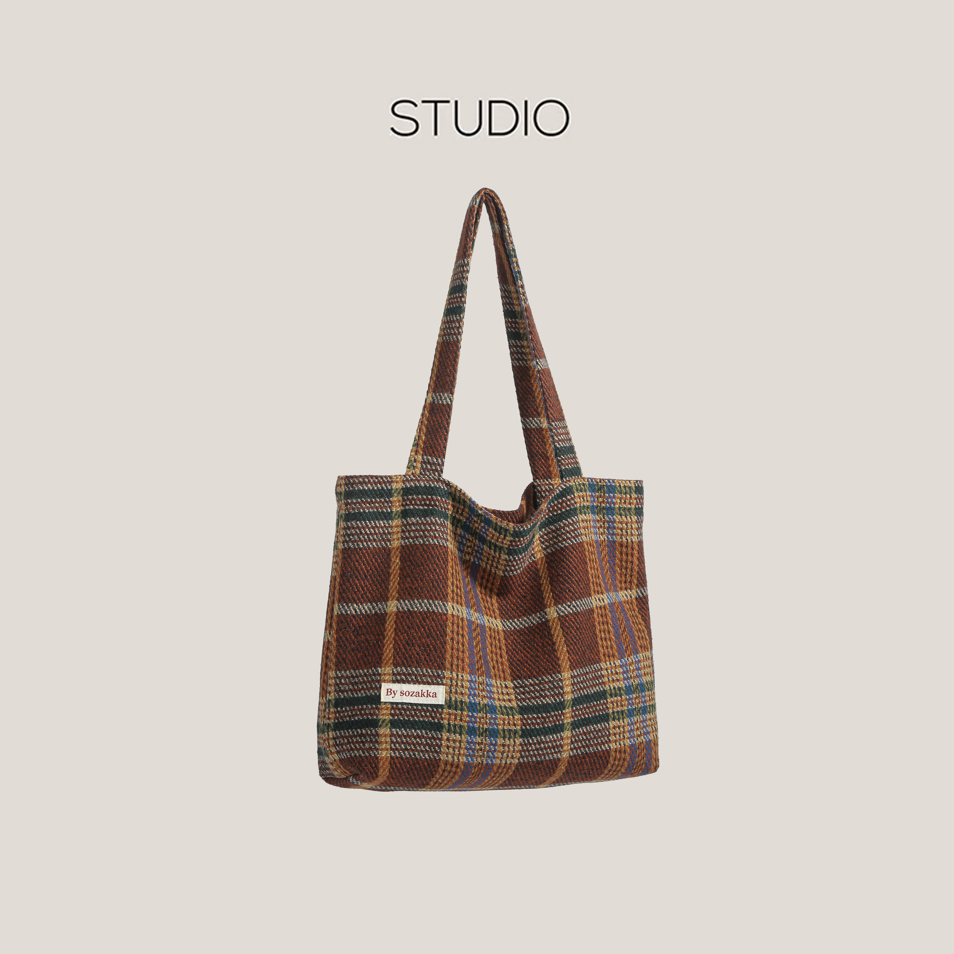 小众设计包女2025新款潮格纹通勤托特包复古呢子大学生上课单肩包