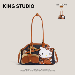 可爱卡通hellokitty复古牛仔风托特包女日常通勤大容量单肩斜挎包