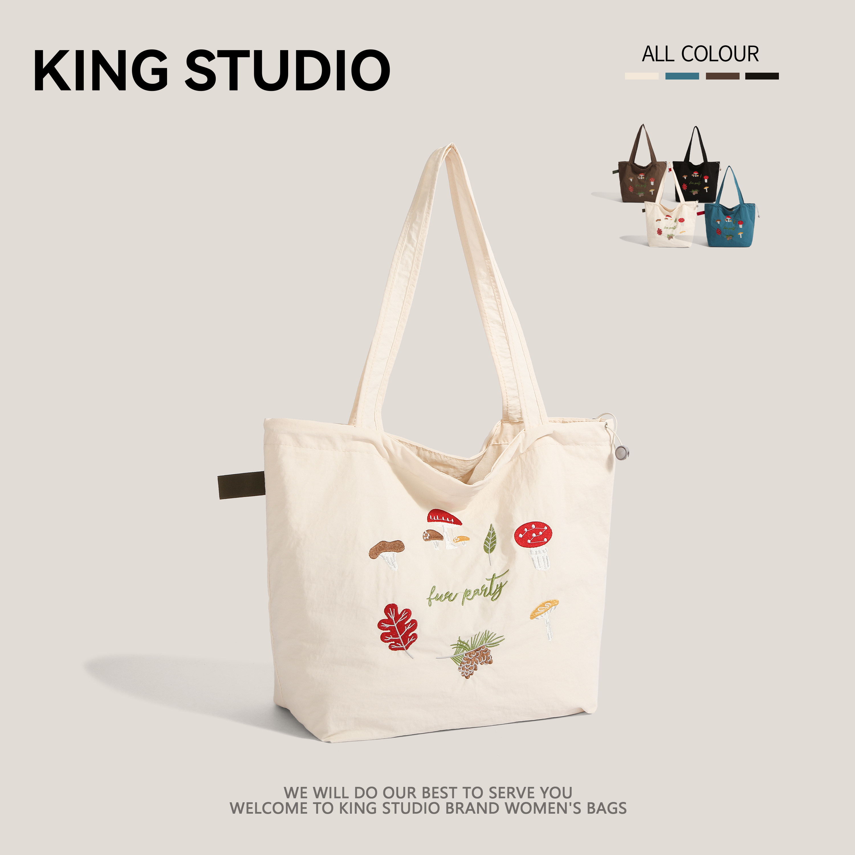 2026新款刺绣尼龙帆布包女大容量单肩包学生上课通勤托特包手提包