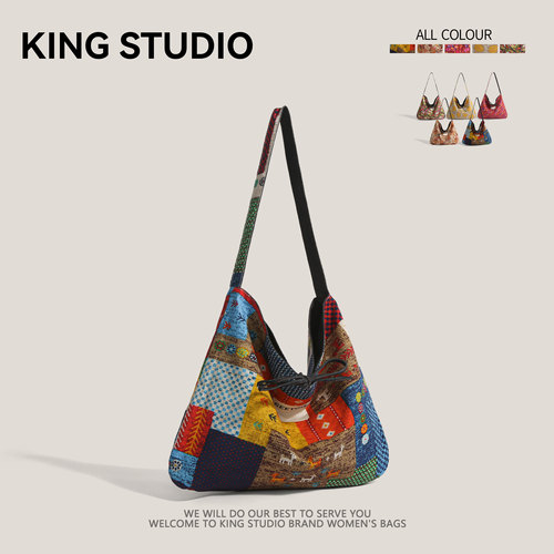 2026春夏新款复古民族风拼贴撞色双面牛仔布包女单肩斜挎包帆布包