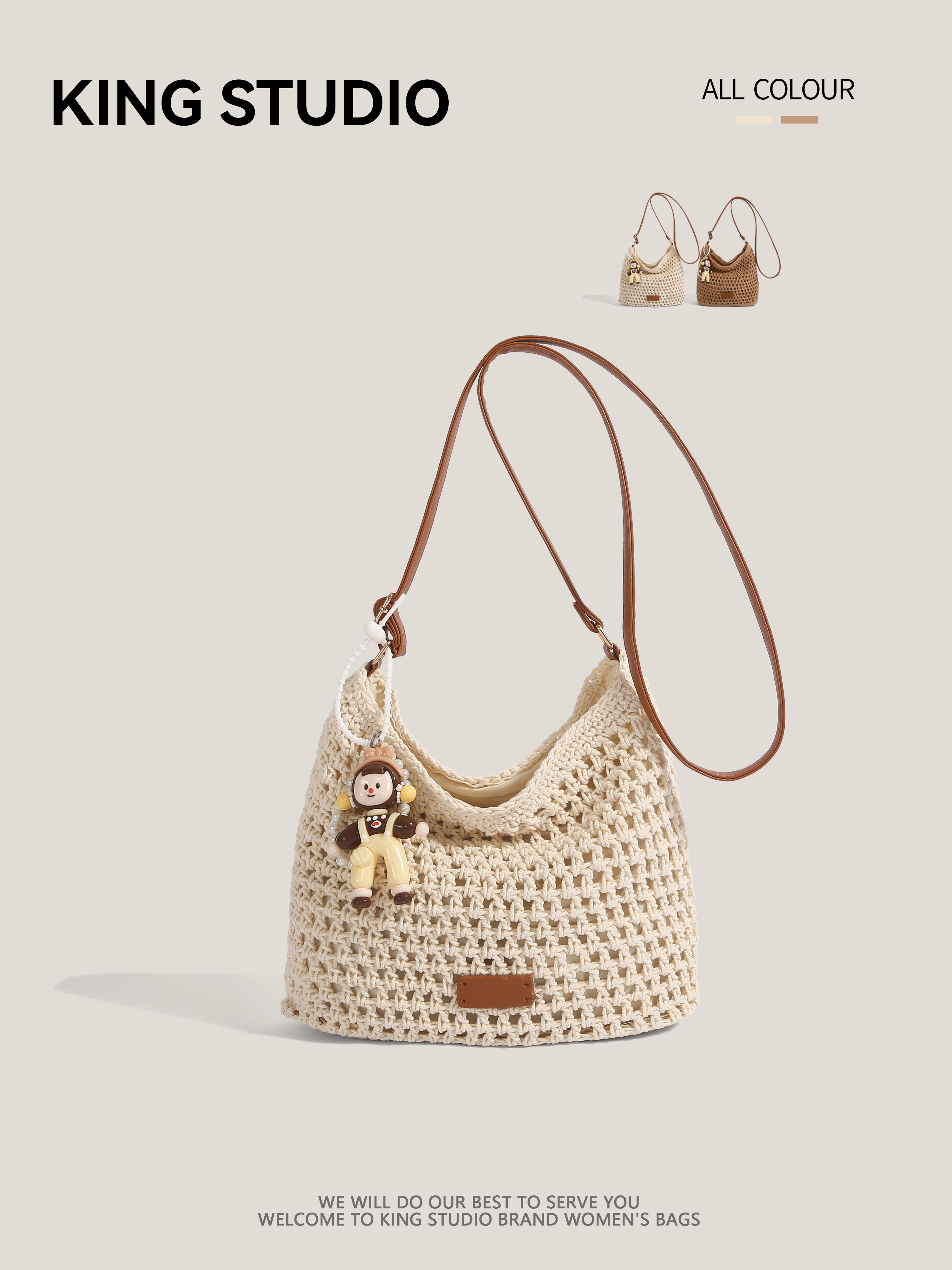 Women's Handmade Cotton Cord Woven Bag, Casual Shoulder Crossbody Beach Tote - Thumbnail 2
