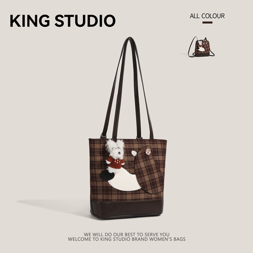 大容量可爱卡通小狗格纹托特包女