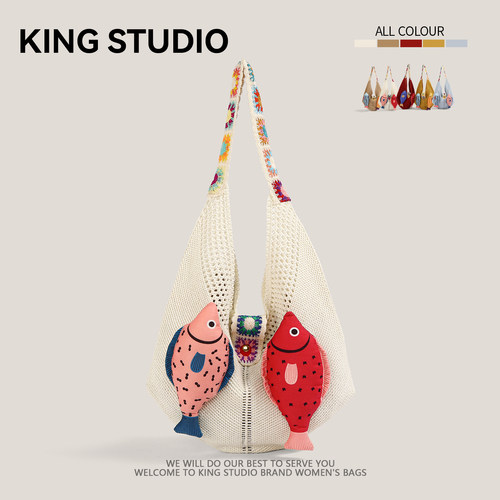 慵懒风针织编织托特包女2026新款大容量夏季个性小鱼渔网兜通勤包