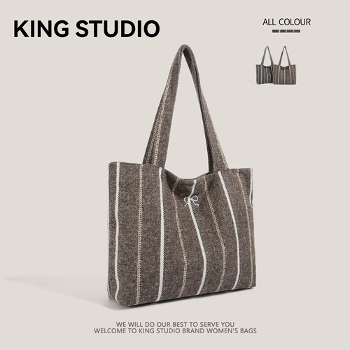 复古条纹托特包大容量手提帆布包