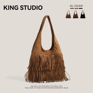 麂皮绒流苏包女2025新款潮秋冬美拉德复古通勤托特包大容量腋下包