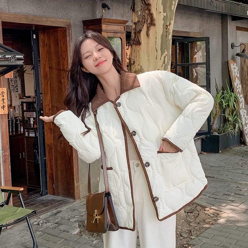 2024秋季新款小香风短款薄款棉服女撞色翻领菱格轻薄宽松棉袄外套