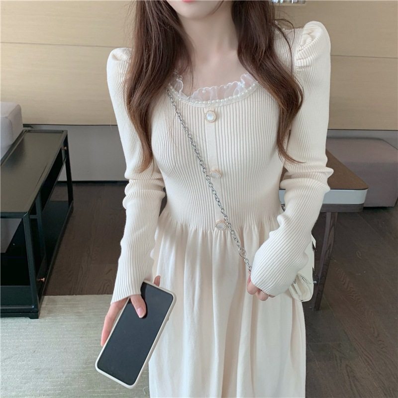 法式复古女装长袖连衣裙2024秋冬蕾丝花边钉珠修身显瘦气质针织裙