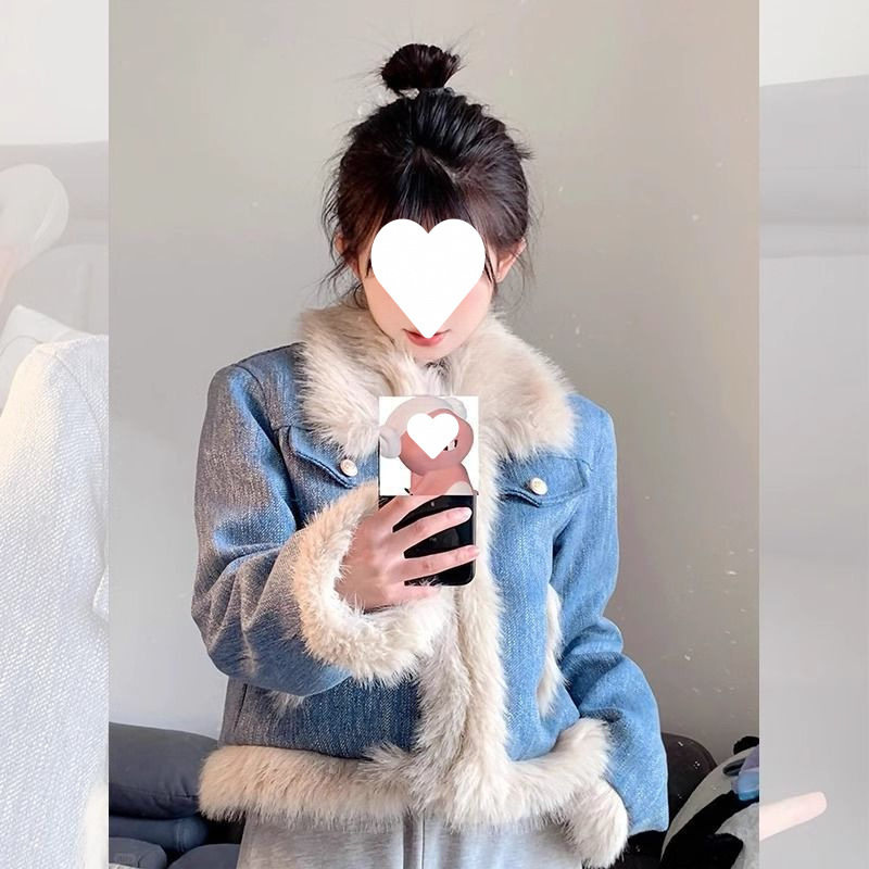 蓝色牛仔羊羔毛绒皮毛一体外套女秋冬短款2024新款小个子毛毛大衣