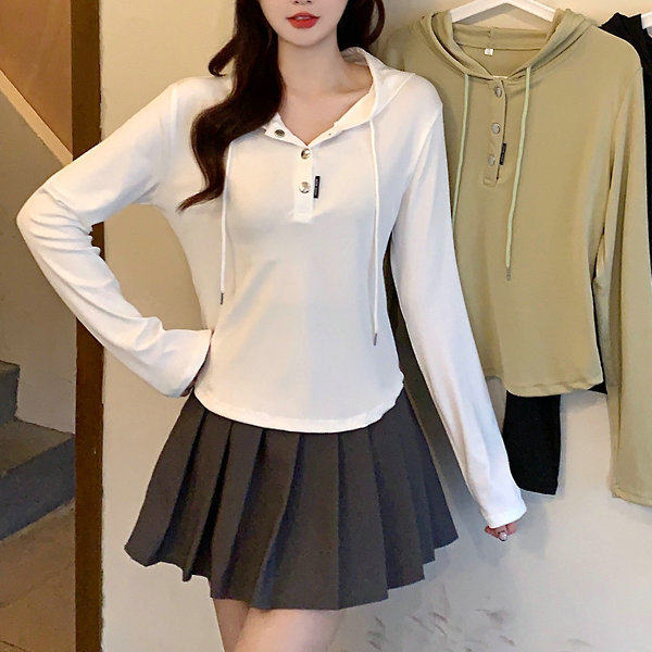 纯色连帽修身长袖打底衫女2024春秋新款内搭设计感不规则短款上衣