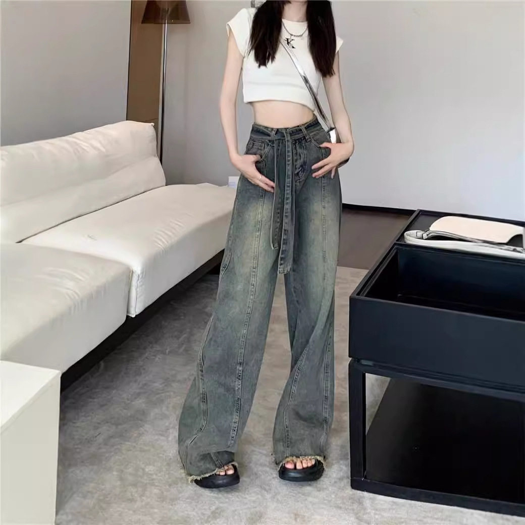 大码胖MM复古毛边阔腿牛仔裤女小个子辣妹高腰宽松显瘦直筒拖地裤