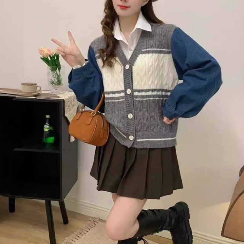 24新款叠穿针织假两件上衣学院风v领秋季针织开衫毛衣女外搭慵懒,男装,针织衫/毛衣,淘宝优惠券,粉丝福利购,淘宝优惠卷