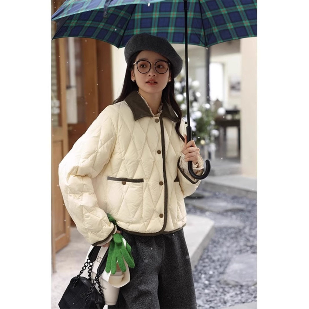 灯芯绒撞色翻领菱形格高级感羽绒棉服小个子短款小香风夹棉外套女