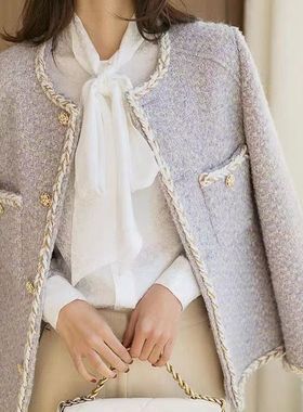 长袖名媛小香风编织金线边紫色外套上衣小个子轻奢高级感设计女装
