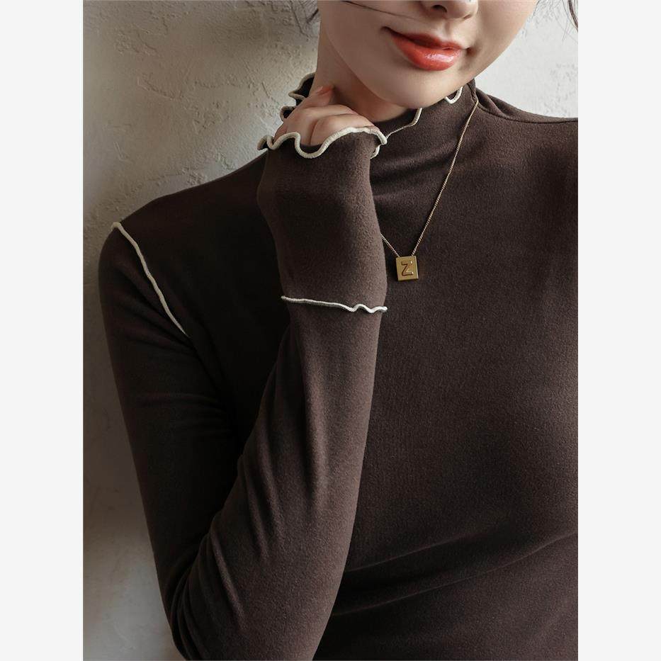 【羊绒蚕丝打底上衣】木耳边半高领德绒打底衫女内搭秋冬季长袖