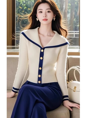 秋装搭配一整套2024新款时尚高级感白色针织衫上衣气质毛衣两件套