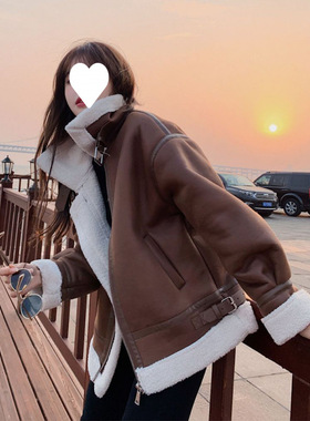 羊羔毛外套女2024冬季新款加厚皮毛一体机车服短款毛绒棉服上衣女
