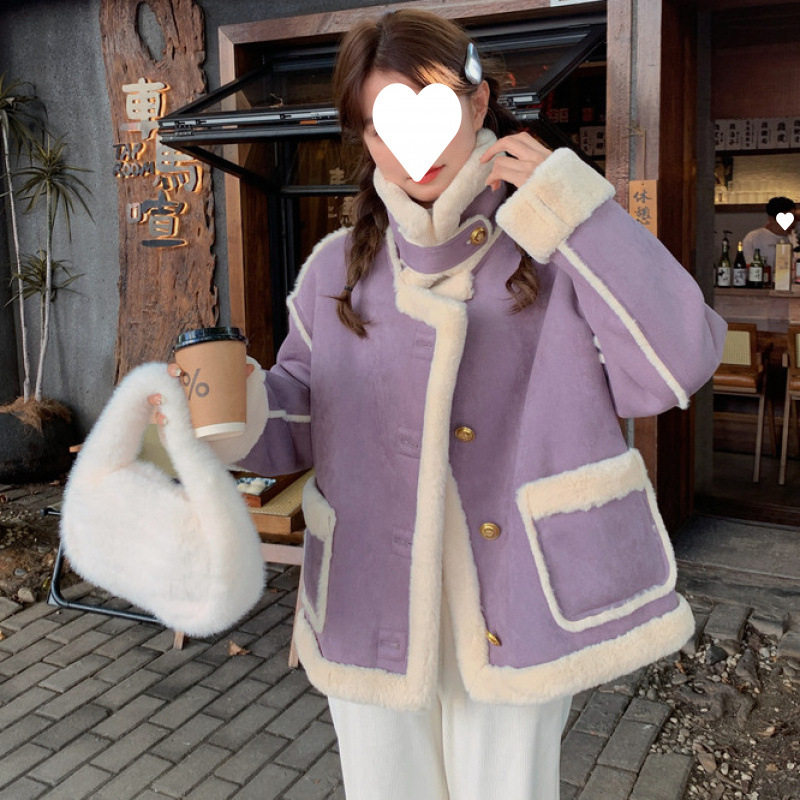 紫色羊羔绒外套女短款冬季皮毛一体复合鹿皮绒小个子韩系加厚棉衣