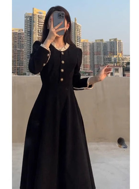 春秋长裙2024新款小香赫本风一整套装新中式女装黑色内搭连衣裙子