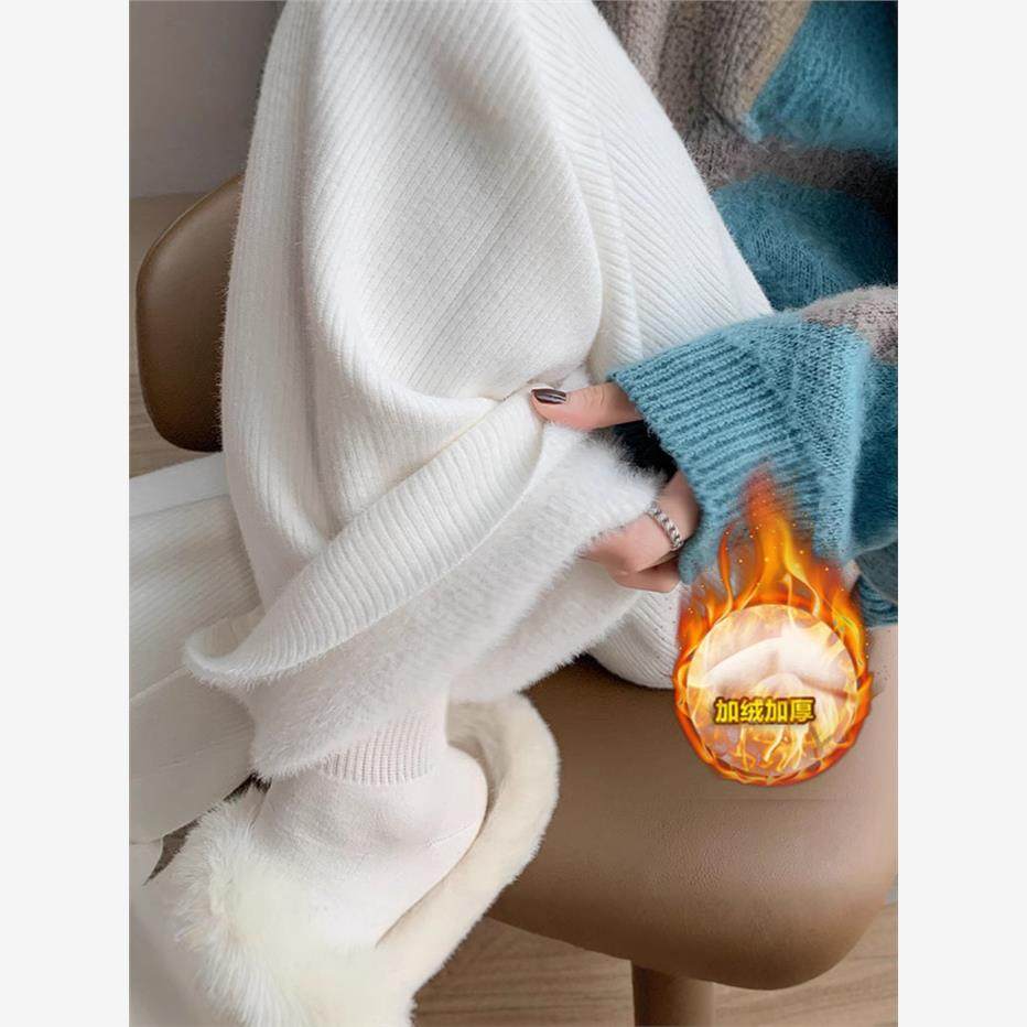 白色加绒裤子女秋冬软糯水貂绒针织阔腿裤高腰宽松垂感直筒拖地裤