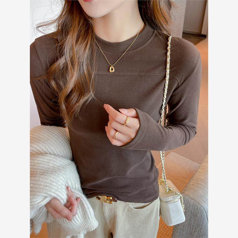 秋冬季微米德绒圆领新款内搭长袖t恤可外穿小立领打底衫女士上衣