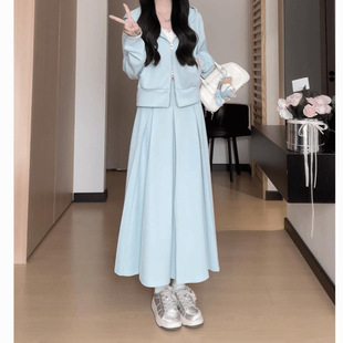 早秋搭配海盐蓝卫衣套装女2024新款浅色系开衫卫衣半身裙两件套潮