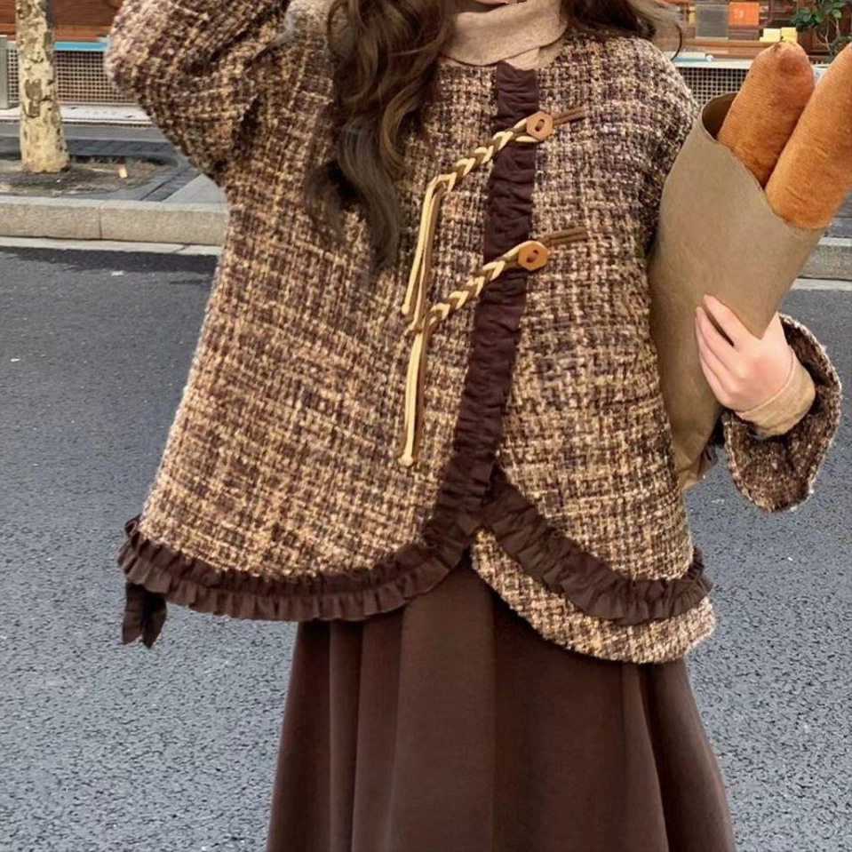 【两件套】微胖大码女装棕色小香风木耳边外套咖色半裙胖显瘦