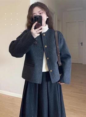 法式小香风黑色双面羊绒毛呢外套女秋冬季羊毛双面呢短款呢子大衣