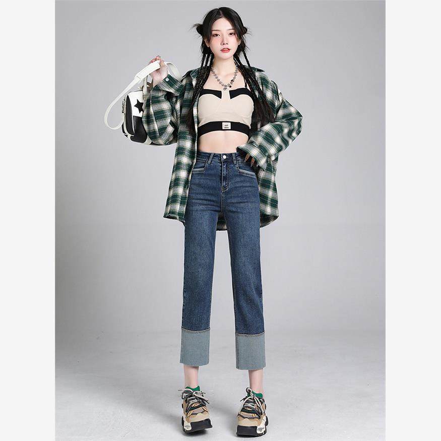 弹力直筒牛仔裤女款秋季新款设计感辣妹韩版宽松显瘦小个子烟管裤