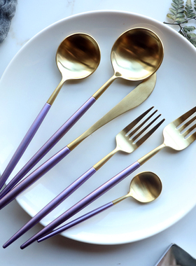 新品 葡萄牙 紫色手柄 304不锈钢 西餐刀叉勺筷子四件套 牛排餐具