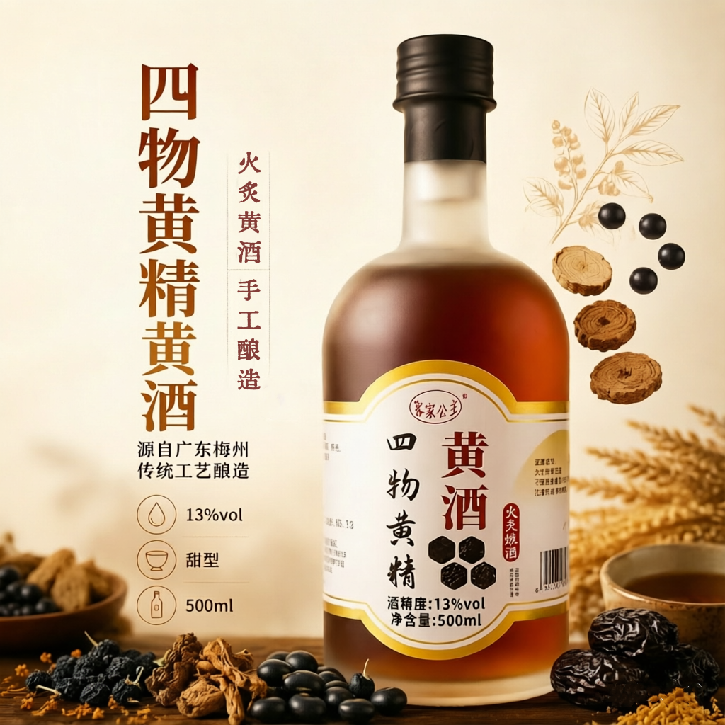 红枣枸杞四物黄精黑枸杞黑豆黑枣黄酒客家火炙娘酒补气血养生酒