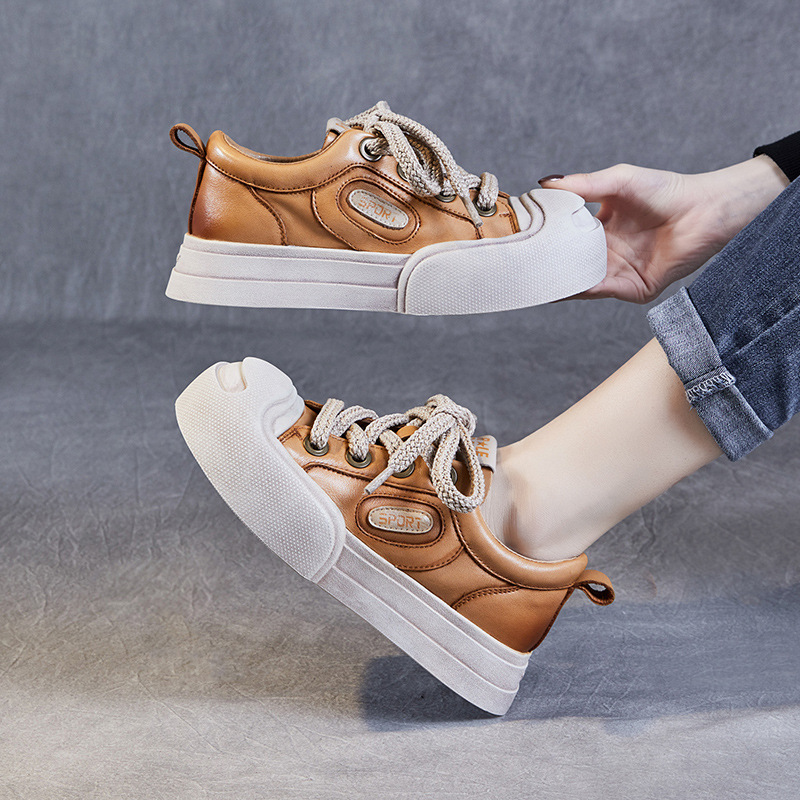 日式良品头层牛皮开口笑女鞋2024春季新款厚底大头运动休闲板鞋系