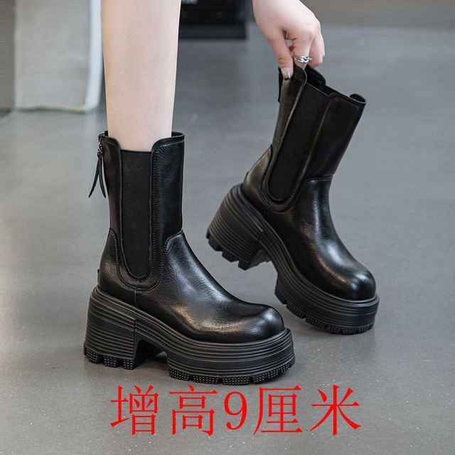 日式良品显腿长百搭机车直筒靴秋冬超高跟超轻中筒松糕厚底瘦瘦复