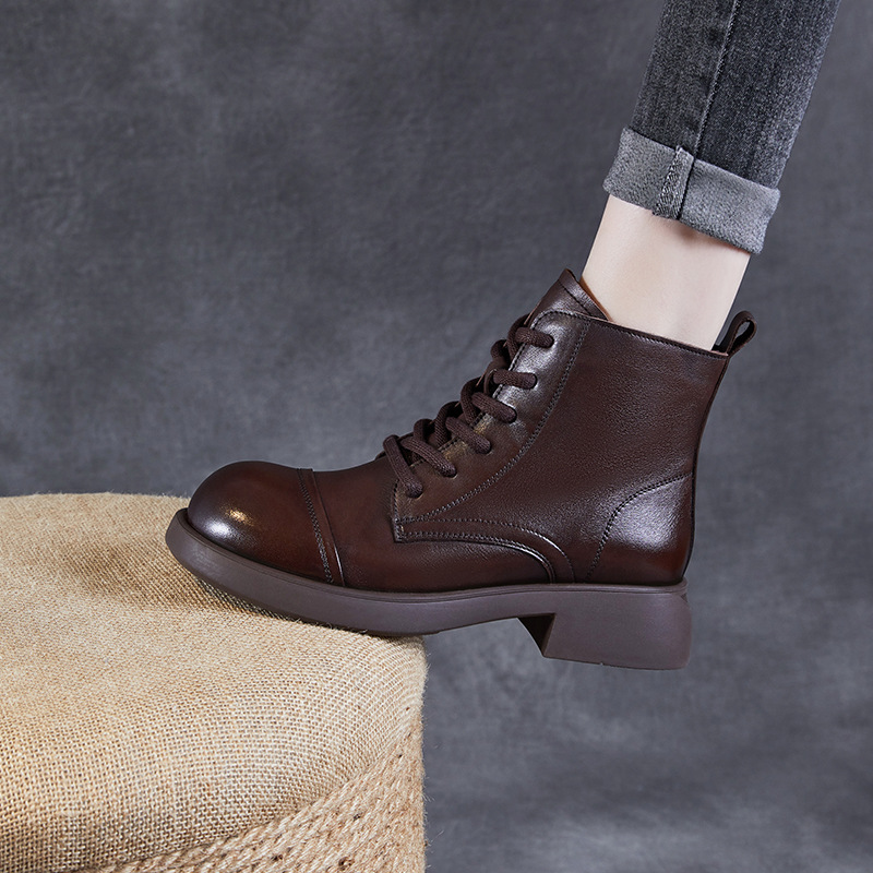 日式良品头层牛皮复古马丁靴女2024秋冬新款真皮时尚百搭系带拉链