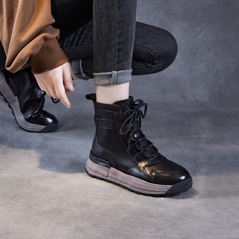 日式良品时尚头层牛皮系带软底单靴24秋冬新款平底厚底马丁靴休闲