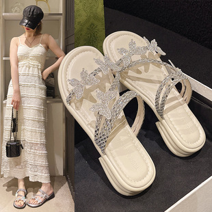 日式 拖鞋 女夏外穿仙女風配裙子時尚 帶鉆外出平底海邊 良品2025新款