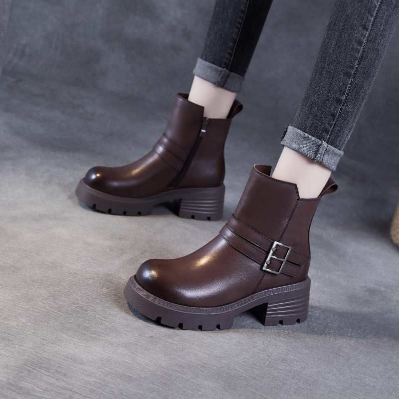 日式良品2024秋冬新款真牛皮复古棕色加绒短筒靴粗跟气质马丁皮靴