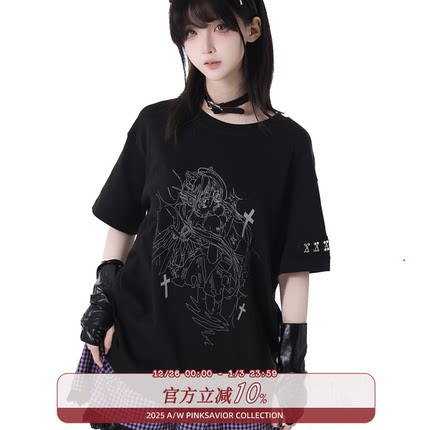 pinksavior【琉璃夜空】夏日反光印花显瘦宽松休闲黑色短袖