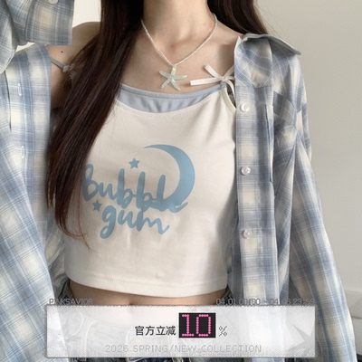 pinksavior【浅夏】清新蓝格衬衫吊带浅色系度假长短袖早秋显瘦