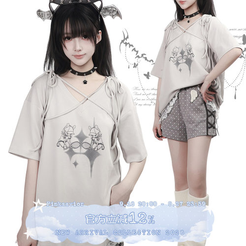pinksavior【天使之翼】夏日V领设计感灰色调印花短袖+波点短裤