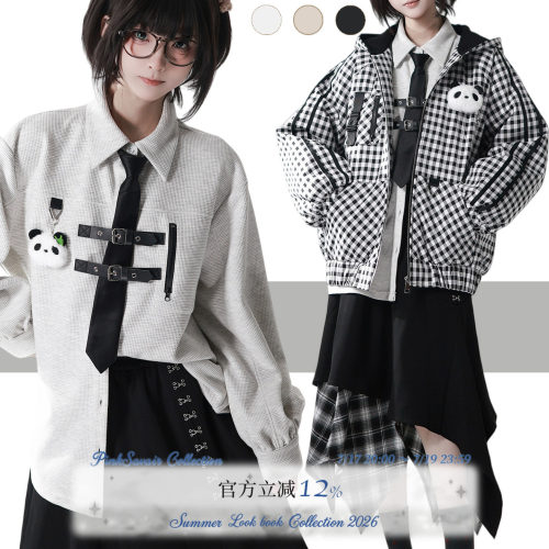 现货即发【玩具屋】冬日格纹熊猫拼接设计加绒衬衫显瘦休闲