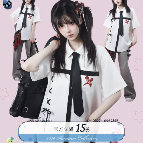 pinksavior | shugo chara! amo十字印花领带休闲学院显瘦衬衫