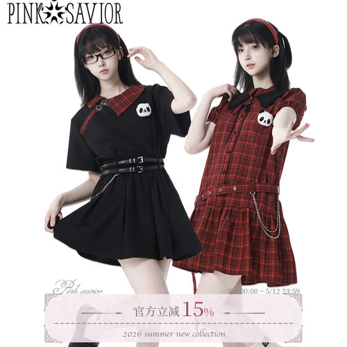 pinksavior【恋爱漫画】红黑格夏休闲减龄俏皮设计套装立体玩偶