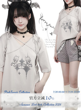 pinksavior【天使之翼】夏日V领设计感灰色调印花短袖+波点短裤