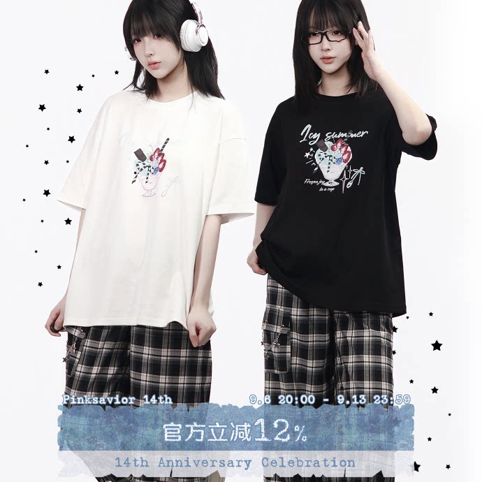 现货即发【冰品小铺】夏日奥戴尔柔棉休闲黑白短袖插图印花女