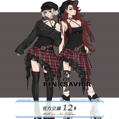 pinksavior【梦野】摇滚少女感设计挂脖格纹拼接连衣裙镂空套头衫