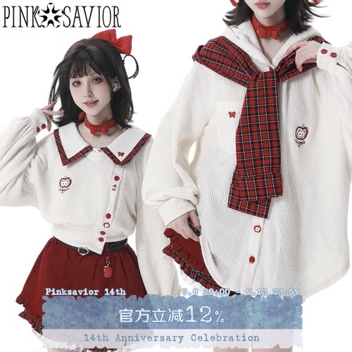 pinksavior【红果奶芙】苹果针织红白格纹披肩秋冬短外套衬衫设计