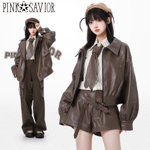 现货 pinksavior秋冬美拉德色系加绒长短皮衣外套棉衣棉服女冬季