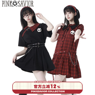 pinksavior【恋爱漫画】红黑格夏休闲减龄俏皮设计套装立体玩偶